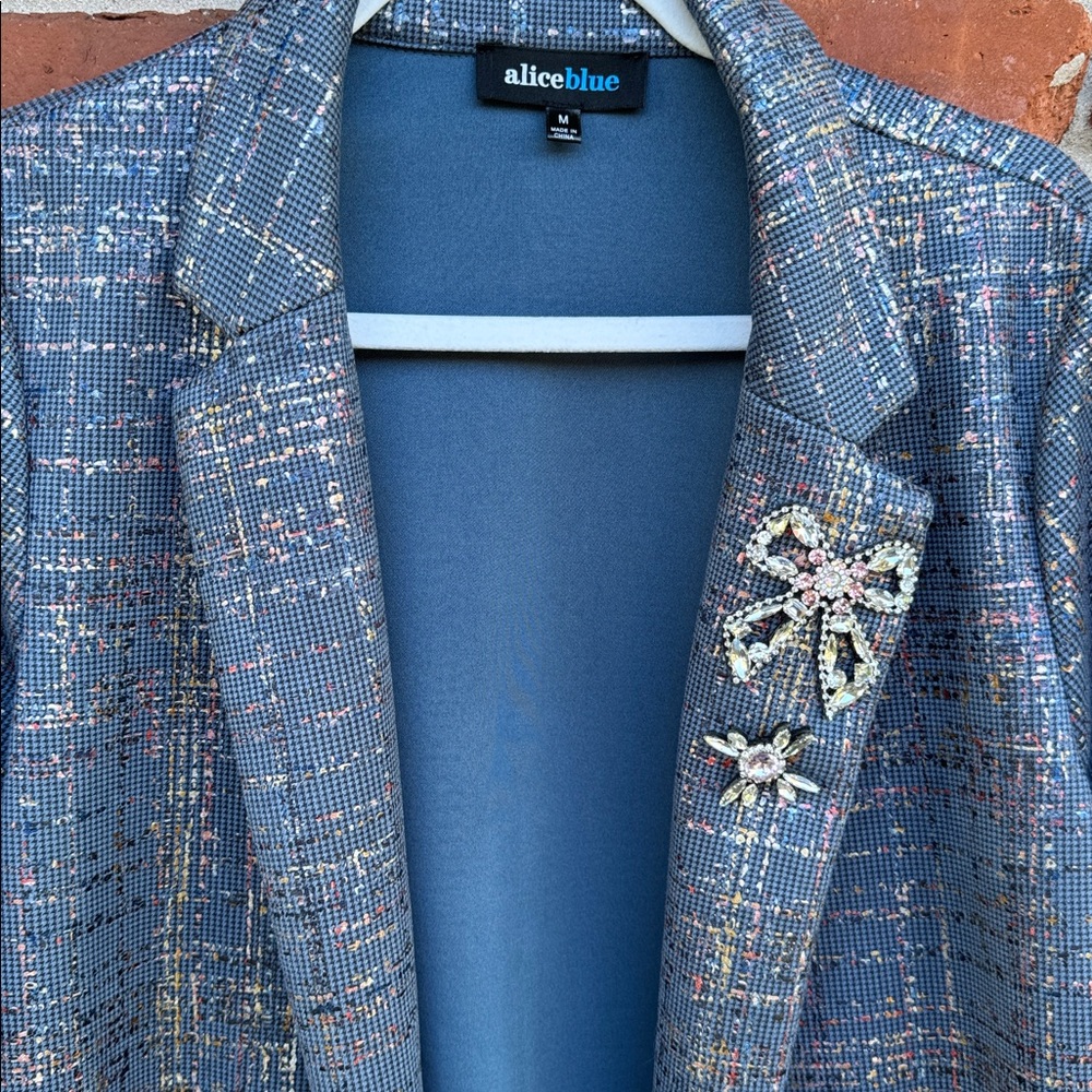 Alice Blue Metallic Design Crystal Embellishments 3/4 Sleeve Open Front Jacket M